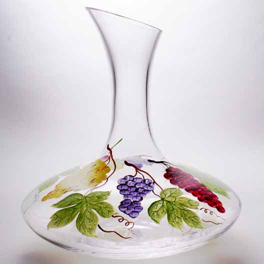 WINE CARAFE DECANTER Lead Free Crystal Hand Blown Hand Painted Grape 